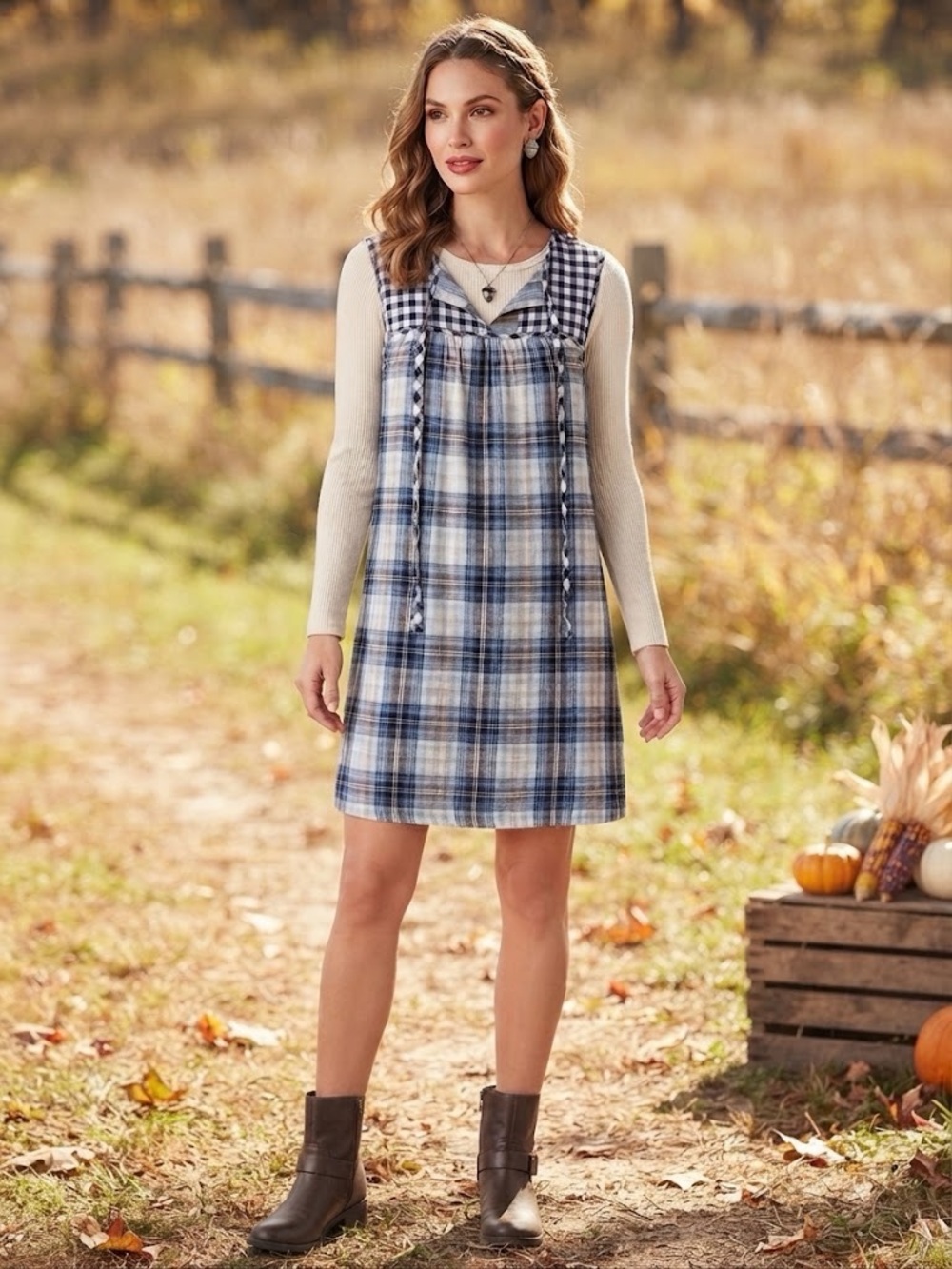 Max Studio Plaid & Gingham Sleeveless Tunic Dress Patchwork Plaid Fall Medium